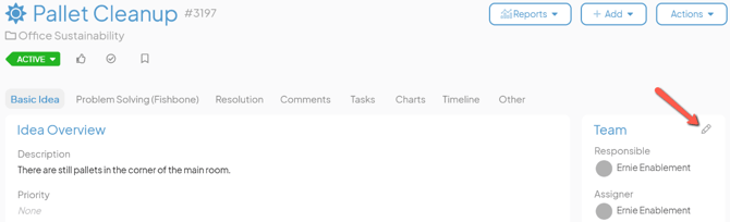 An Item work panel with an arrow pointing to the pencil icon on a Team panel