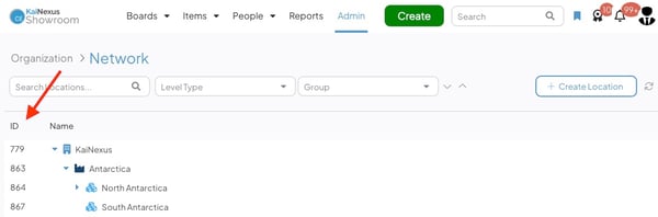 The Network admin page with an arrow pointing to the ID column