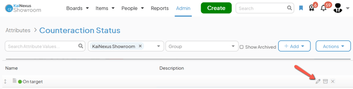 An Attribute Types admin page with an arrow pointing to an Attribute Values pencil icon