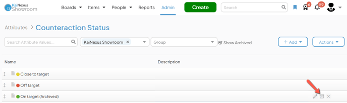 An Attribute Types admin page with an arrow pointing to an Attribute Values unarchive icon