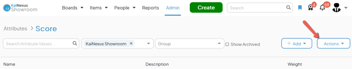 An Attribute Types admin page with an arrow pointing to the Actions button