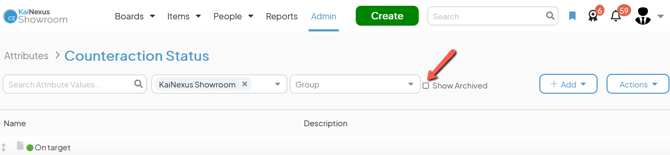 An Attribute Types admin page with an arrow pointing to the Show Archived checkbox