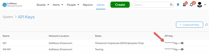 The API Keys admin page with an arrow pointing to the API Key columns symbols