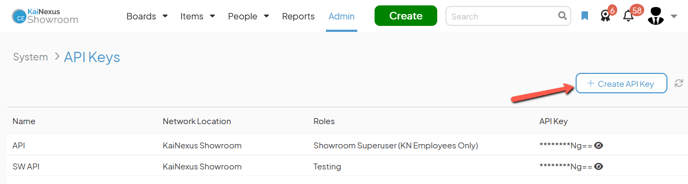 The API Keys admin page with an arrow pointing to the Create API Key button