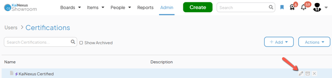 The Certifications admin page with an arrow pointing to a Certications edit button