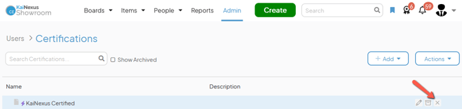 The Certifications admin page with an arrow pointing to a Certications x button
