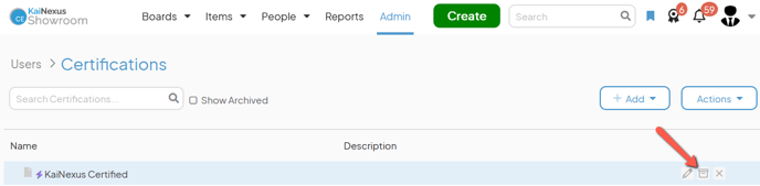 The Certifications admin page with an arrow pointing to a Certifications archive button
