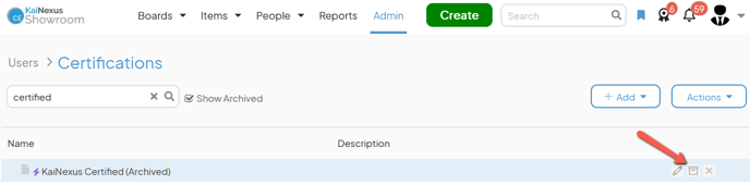The Certifications admin page with an arrow pointing to a Certifications unarchive button