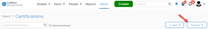 The Certifications admin page with an arrow pointing to the Actions button