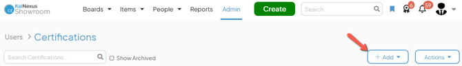 The Certifications admin page with an arrow pointing to the Add button