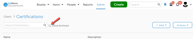 The Certifications admin page with an arrow pointing to the Show Archived checkbox