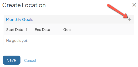 The Create Location window with an arrow pointing to the plus icon in the top right corner of the Monthly Goals panel