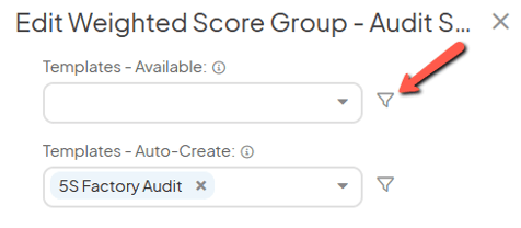 The Edit Weighted Score Group window with an arrow pointing to the Templates - Available fields filter icon