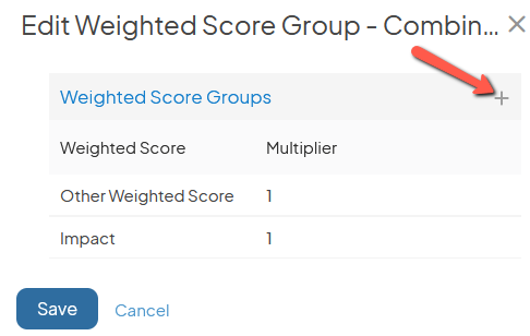 The Edit Weighted Score Group window with an arrow pointing to the Weighted Score Groups plus icon