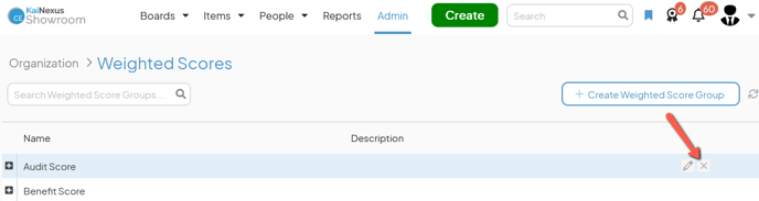 The Edit Weighted Score Group window with an arrow pointing to the Weighted Score Groups x icon