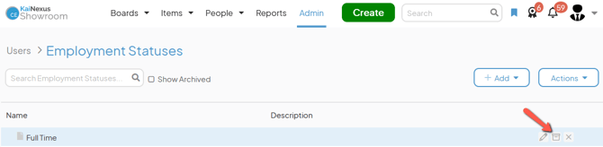 The Employment Statuses admin page with an arrow pointing to an Employment Statuss archive button