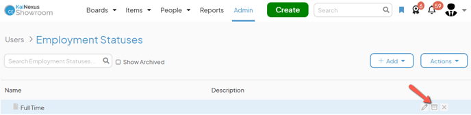 The Employment Statuses admin page with an arrow pointing to an Employment Statuss archive button