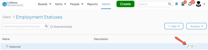 The Employment Statuses admin page with an arrow pointing to an Employment Statuss edit button