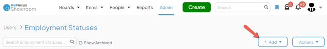 The Employment Statuses admin page with an arrow pointing to the Add button
