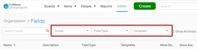 The Fields admin page with the quick filters marked