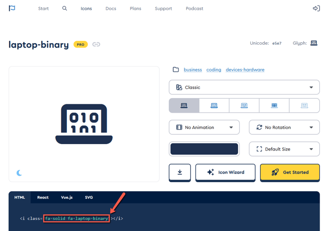 The Font Awesome page with the icon code marked
