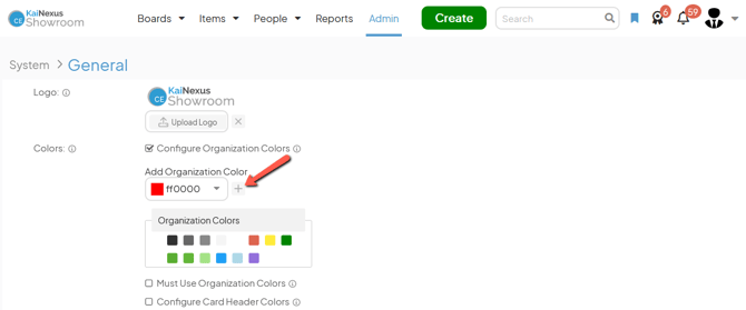 The General admin page with an arrow pointing to Add Organization Color plus button