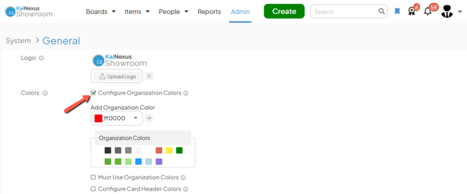 The General admin page with an arrow pointing to Configure Organization Colors checkbox