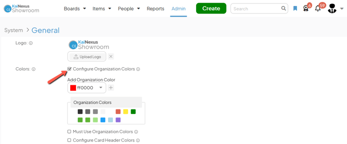 The General admin page with an arrow pointing to Configure Organization Colors checkbox