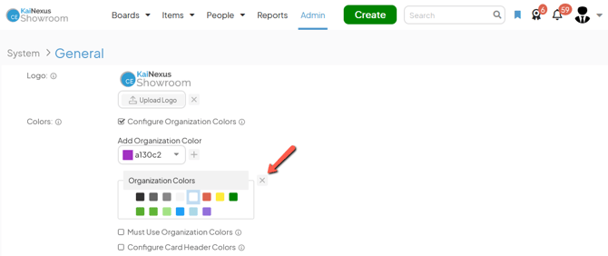 The General admin page with an arrow pointing to Organization Colors x button