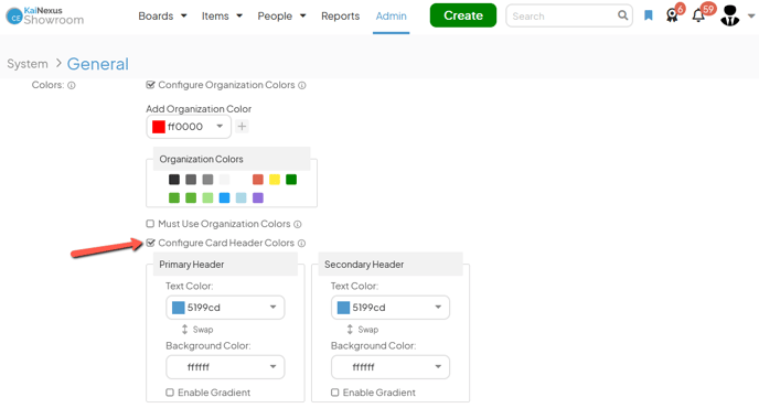 The General admin page with an arrow pointing to the Configure Card Header Colors checkbox