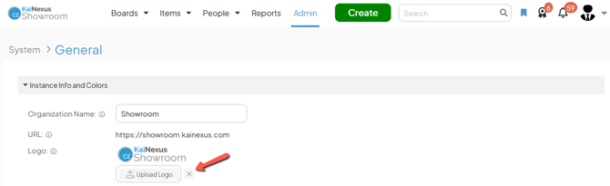 The General admin page with an arrow pointing to the Logo x button