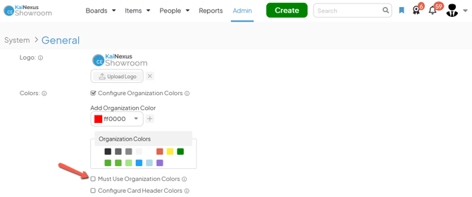 The General admin page with an arrow pointing to the Must Use Organization Colors checkbox