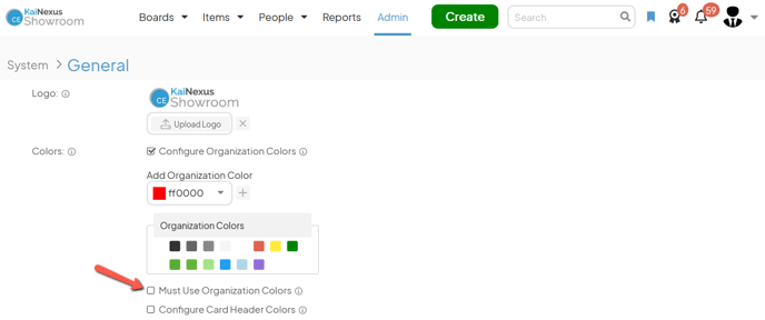 The General admin page with an arrow pointing to the Must Use Organization Colors checkbox