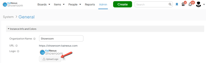 The General admin page with an arrow pointing to the Upload Logo button