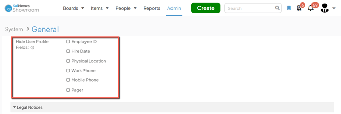 The General admin page with the Hide User Profile Fields section marked