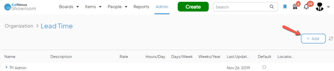 The Lead Time admin page with an arrow pointing to the Add button