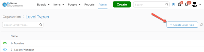 The Level Types admin page with an arrow pointing to Create Level Type