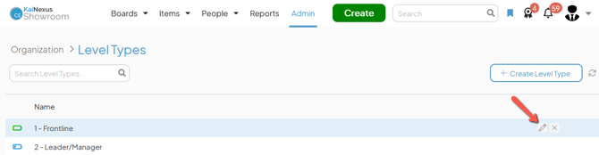 The Level Types admin page with an arrow pointing to a Level Types edit button
