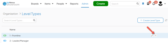 The Level Types admin page with an arrow pointing to a Level Types x button