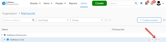 The Network admin page with an arrow pointing to a Locations edit button