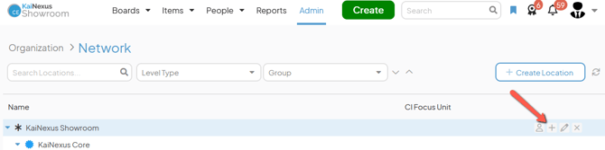 The Network admin page with an arrow pointing to a Locations plus button