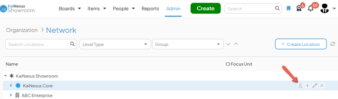 The Network admin page with an arrow pointing to a Locations user icon