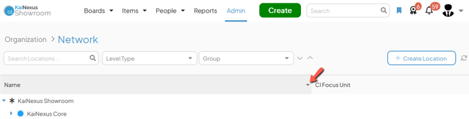 The Network admin page with an arrow pointing to a column headers caret icon