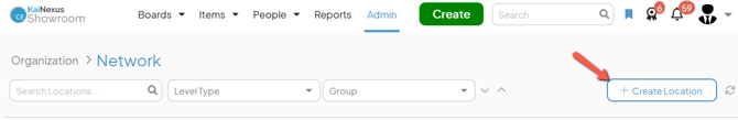 The Network admin page with an arrow pointing to the Create Location button