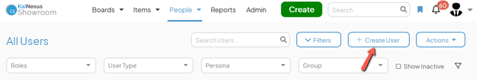 The People or User Management page with an arrow pointing to the Create User button