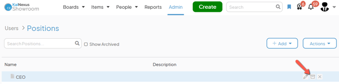 The Positions admin page with an arrow pointing to a Positions archive button