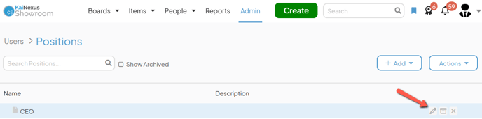 The Positions admin page with an arrow pointing to a Positions edit button