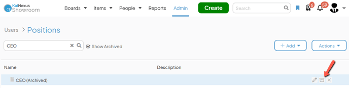 The Positions admin page with an arrow pointing to a Positions unarchive button
