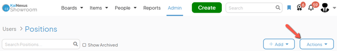 The Positions admin page with an arrow pointing to the Actions button