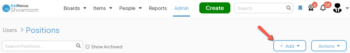 The Positions admin page with an arrow pointing to the Add button